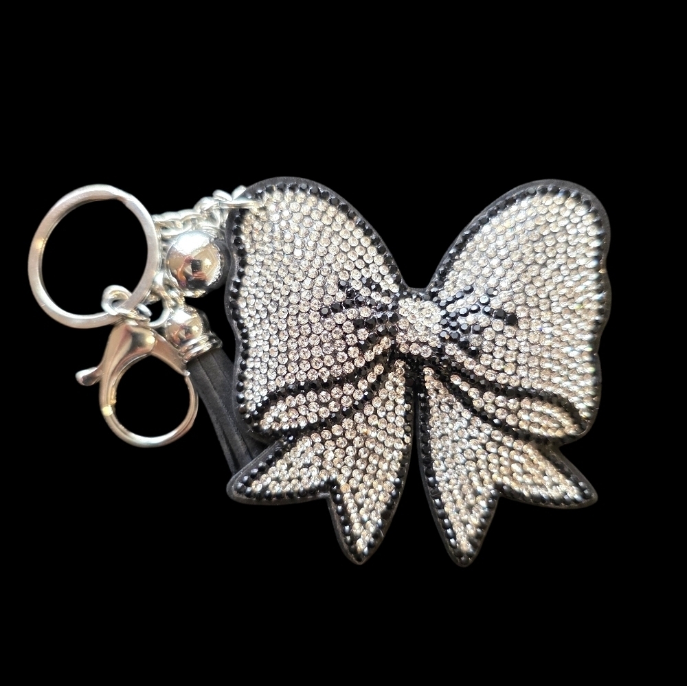 Sparkling Silver Bow Bag Charm Keychain with Rhinestones